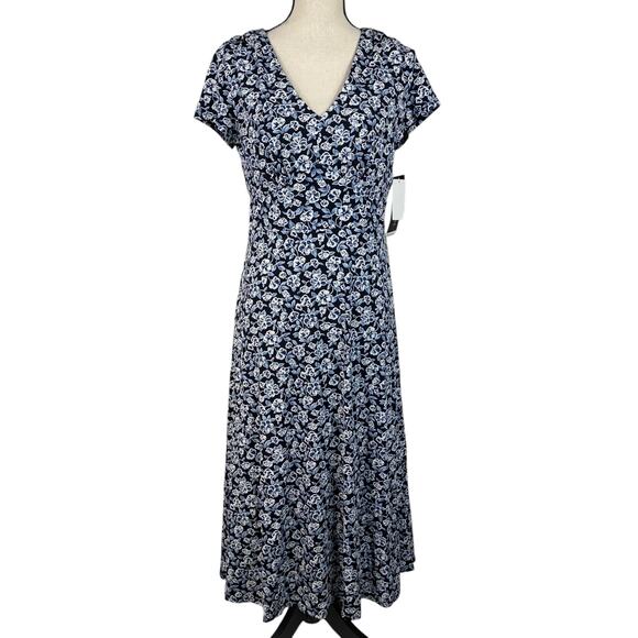 Perceptions NY SZ 8 A-Line Midi Dress Floral Cap Sleeve Empire Waist V-Neck Blue - Picture 1 of 10